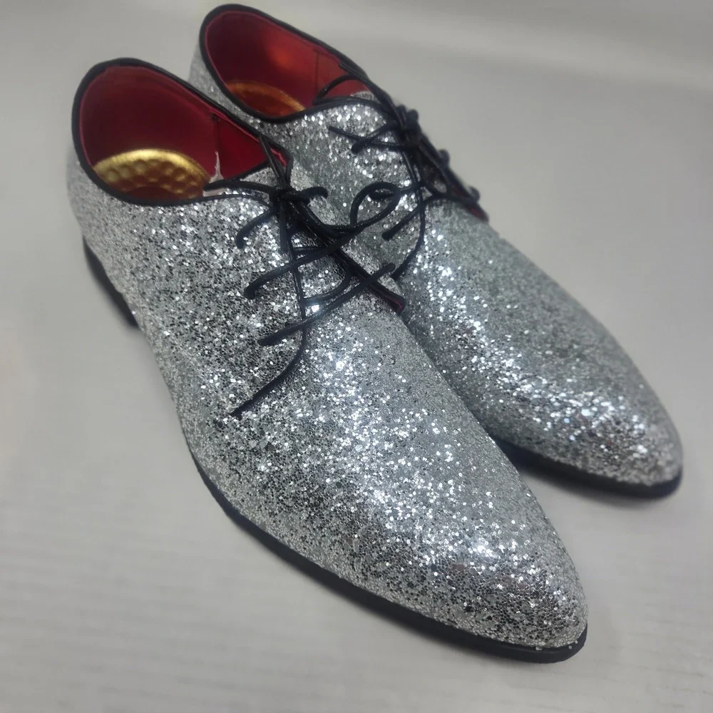 Glitter Derby Shoes Mens 10 Silver Pointed Toe Formal Party Statement Glam